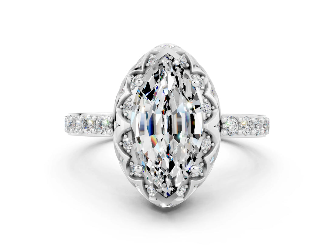 White gold Marquise Cut Diamond Solitaire Ring with Shared Prong Pavé Band