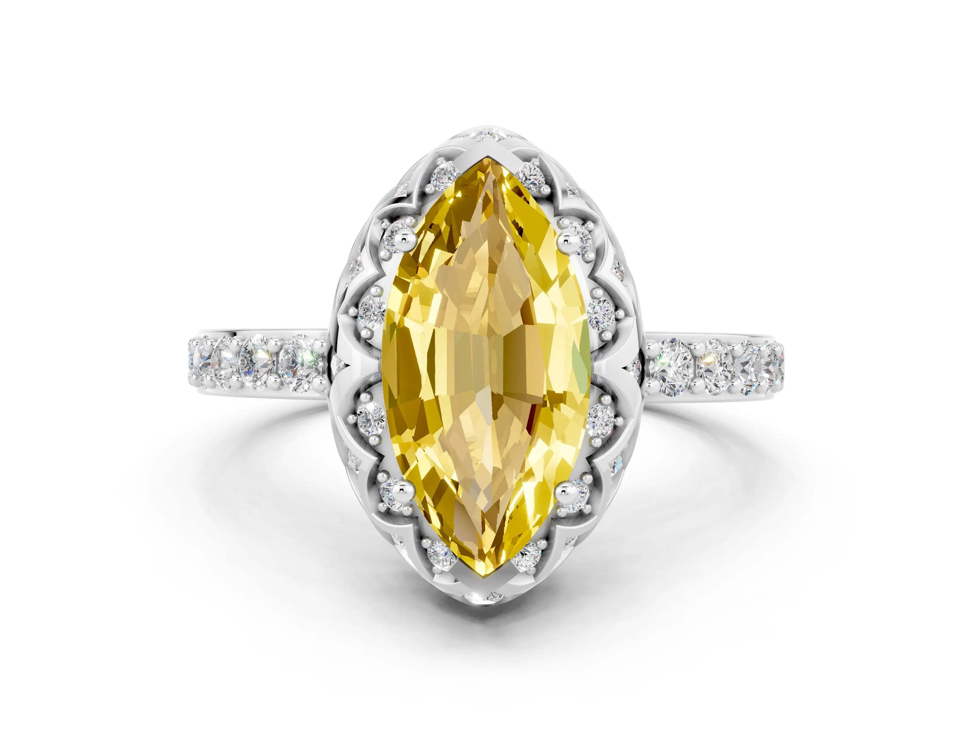White gold Marquise Cut Diamond Solitaire Ring with Shared Prong Pavé Band