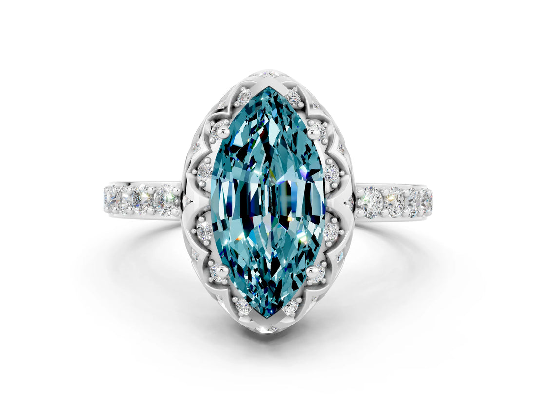 White gold Marquise Cut Diamond Solitaire Ring with Shared Prong Pavé Band