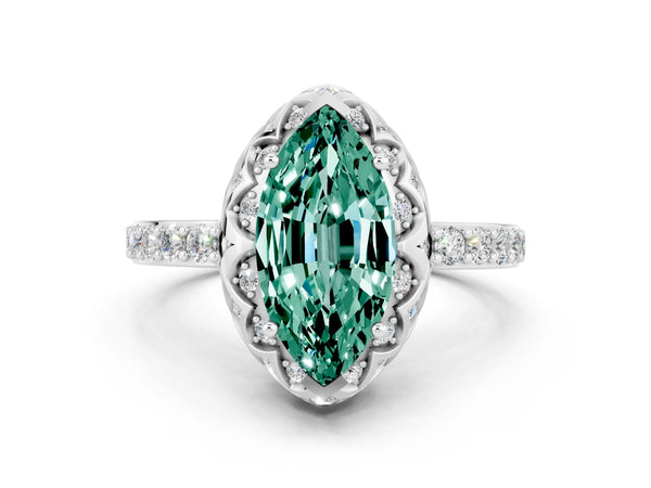White gold Marquise Cut Green Sapphire Scalloped Halo Engagement Ring with Round Shared Prong Band
