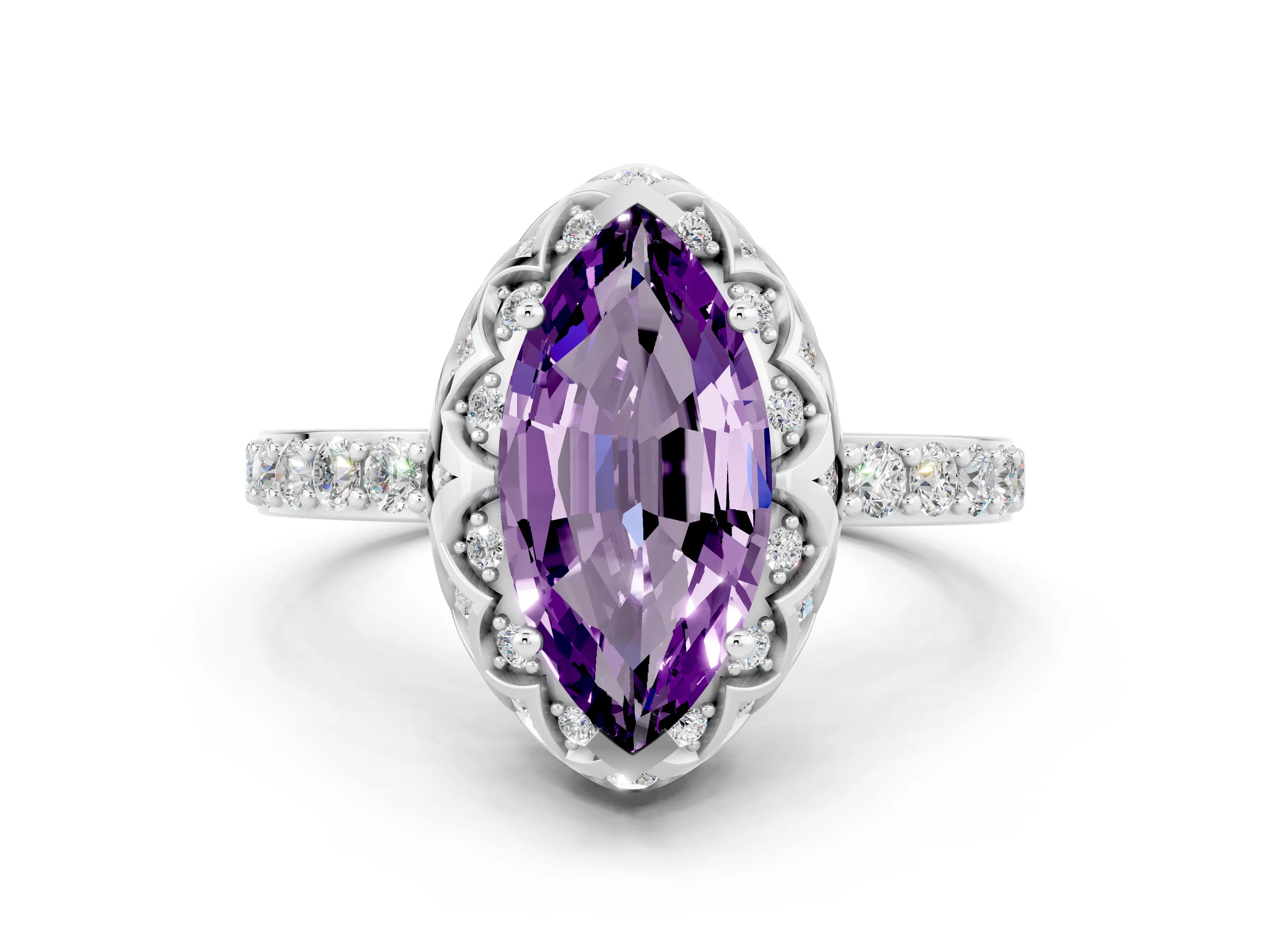 White gold Marquise Cut Diamond Solitaire Ring with Shared Prong Pavé Band
