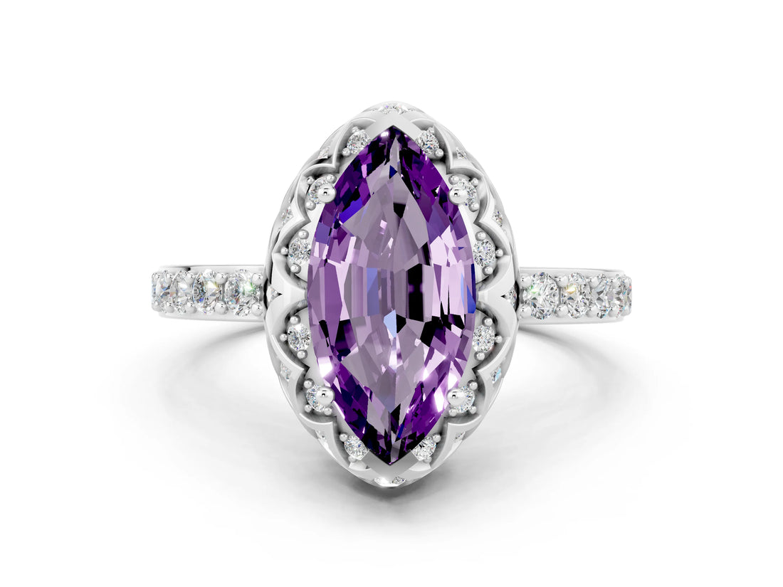 White gold Marquise Cut Diamond Solitaire Ring with Shared Prong Pavé Band