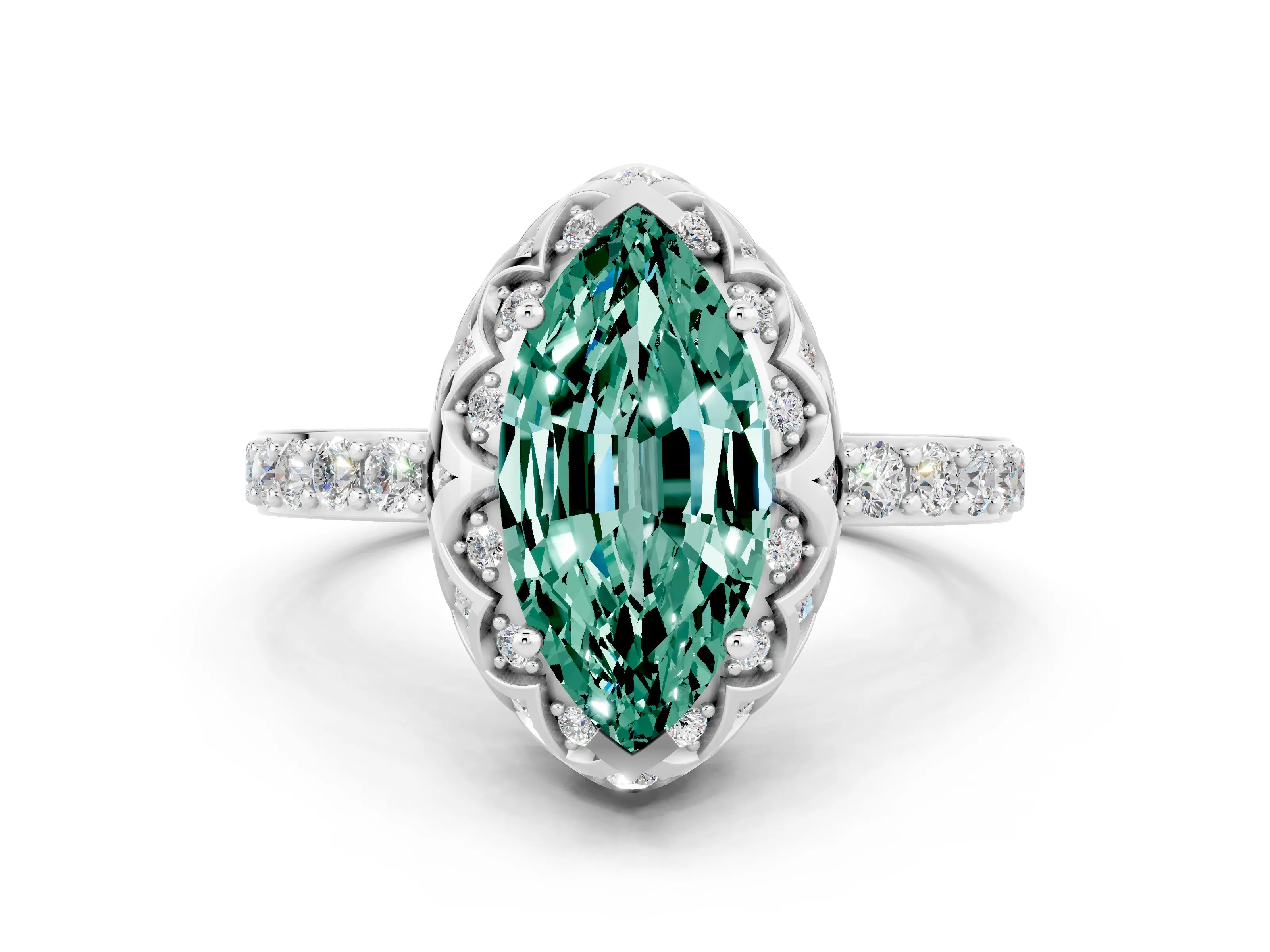 White gold Marquise Cut Diamond Solitaire Ring with Shared Prong Pavé Band