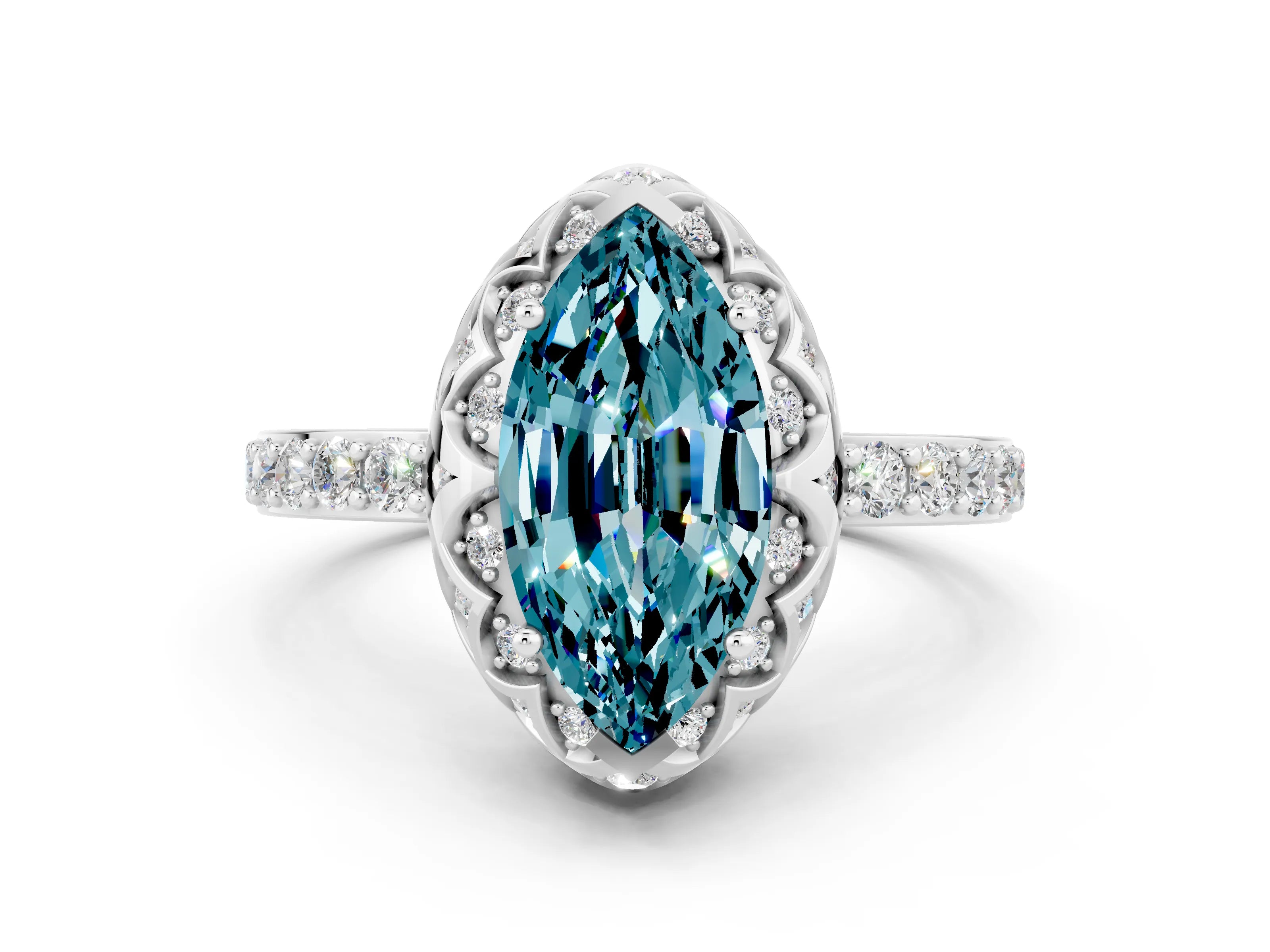 White gold Marquise Cut Diamond Solitaire Ring with Shared Prong Pavé Band