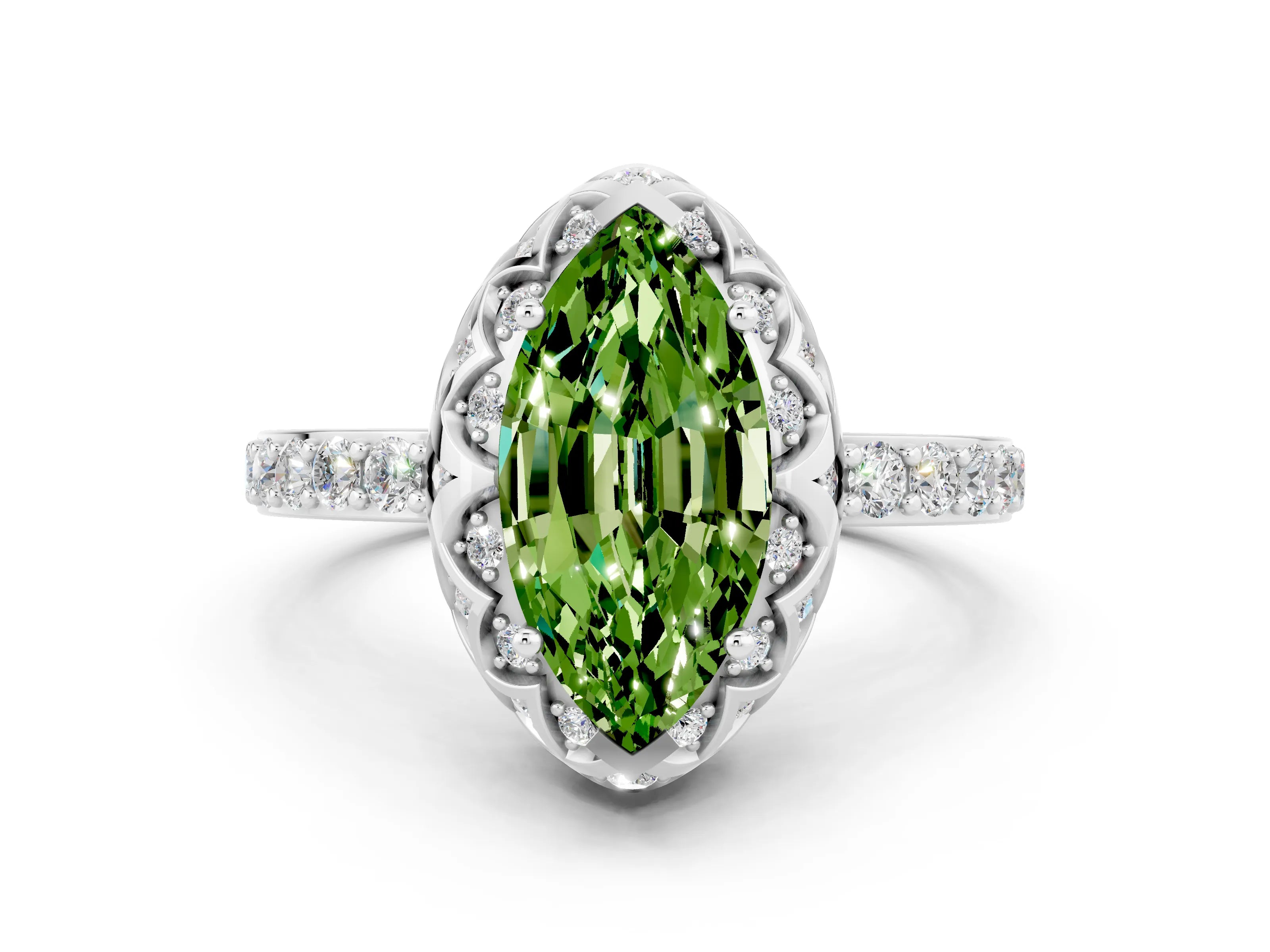 White gold Marquise Cut Diamond Solitaire Ring with Shared Prong Pavé Band