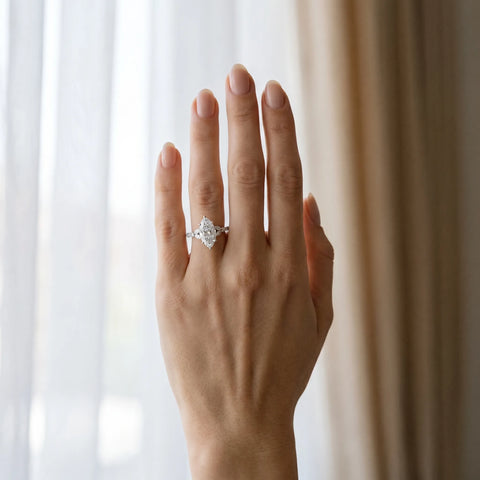 White gold Marquise Cut Diamond Solitaire Ring with Side Stones and Four-Prong Setting_112