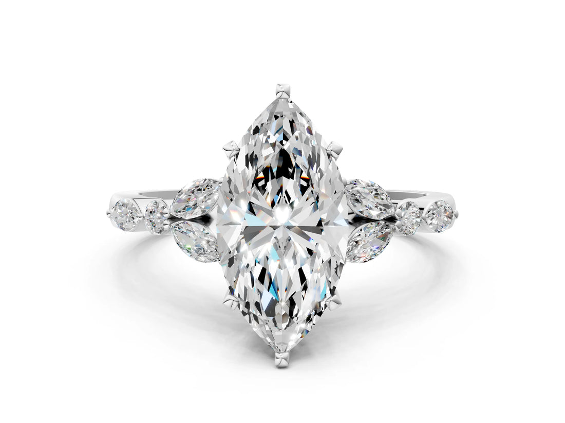 Silver 2.02 Carat F VVS2 Marquise Diamond Solitaire Ring with Side Stones and Four-Prong Setting