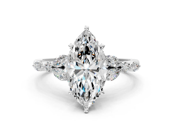 White gold Marquise Cut Diamond Solitaire Ring with Side Stones and Four-Prong Setting