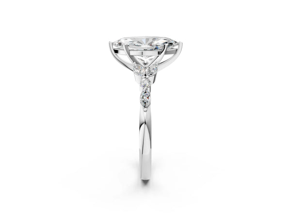 White gold Marquise Cut Diamond Solitaire Ring with Side Stones and Four-Prong Setting