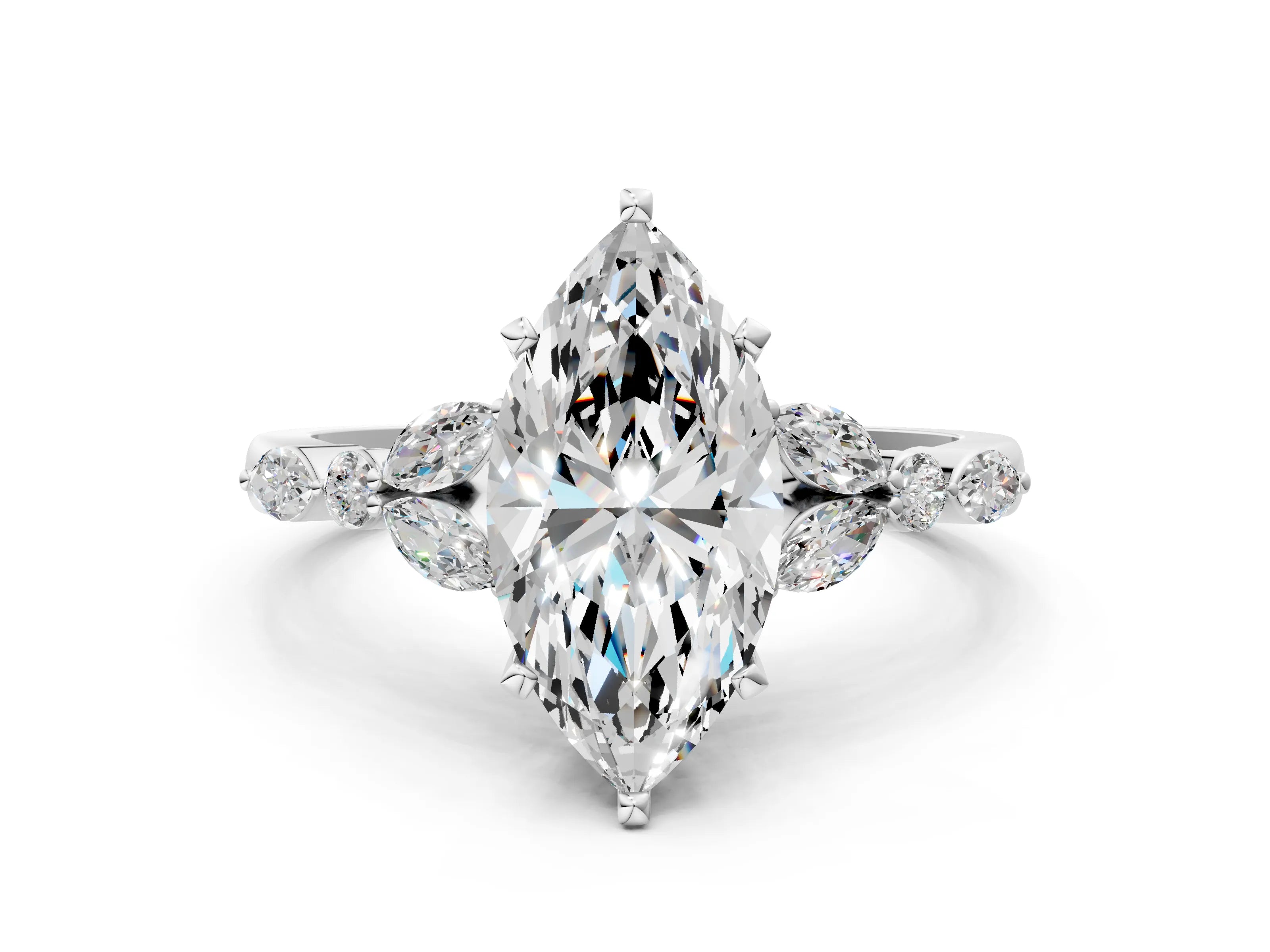 White gold Marquise Cut Diamond Solitaire Ring with Side Stones and Four-Prong Setting_88