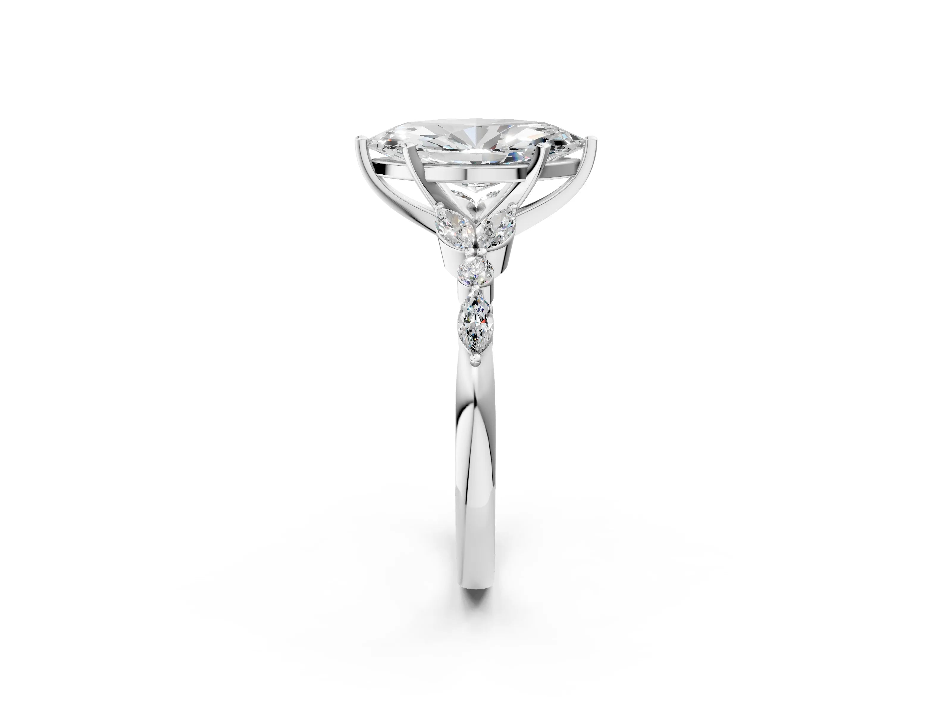 White gold Marquise Cut Diamond Solitaire Ring with Side Stones and Four-Prong Setting_90