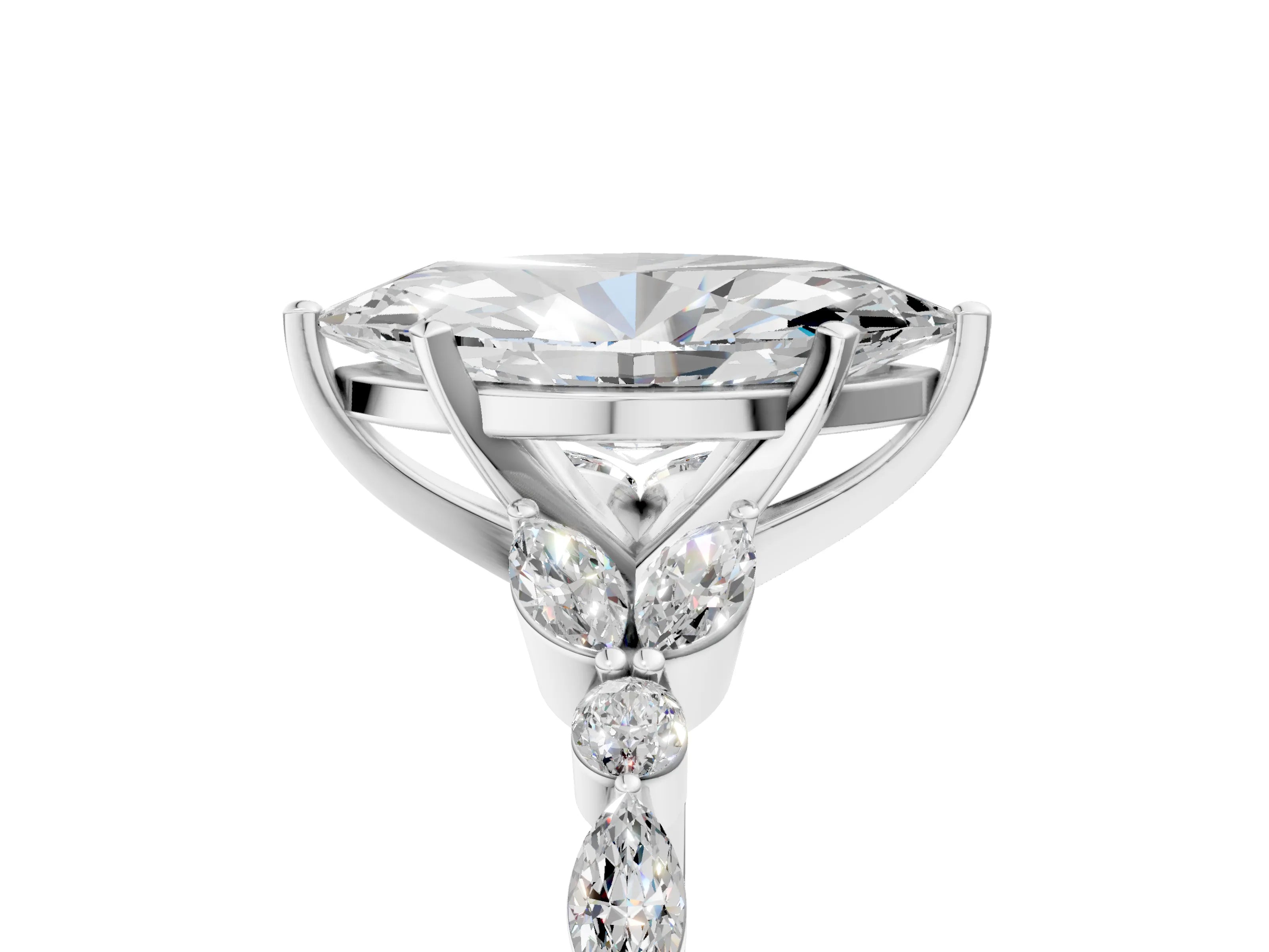 White gold Marquise Cut Diamond Solitaire Ring with Side Stones and Four-Prong Setting_93