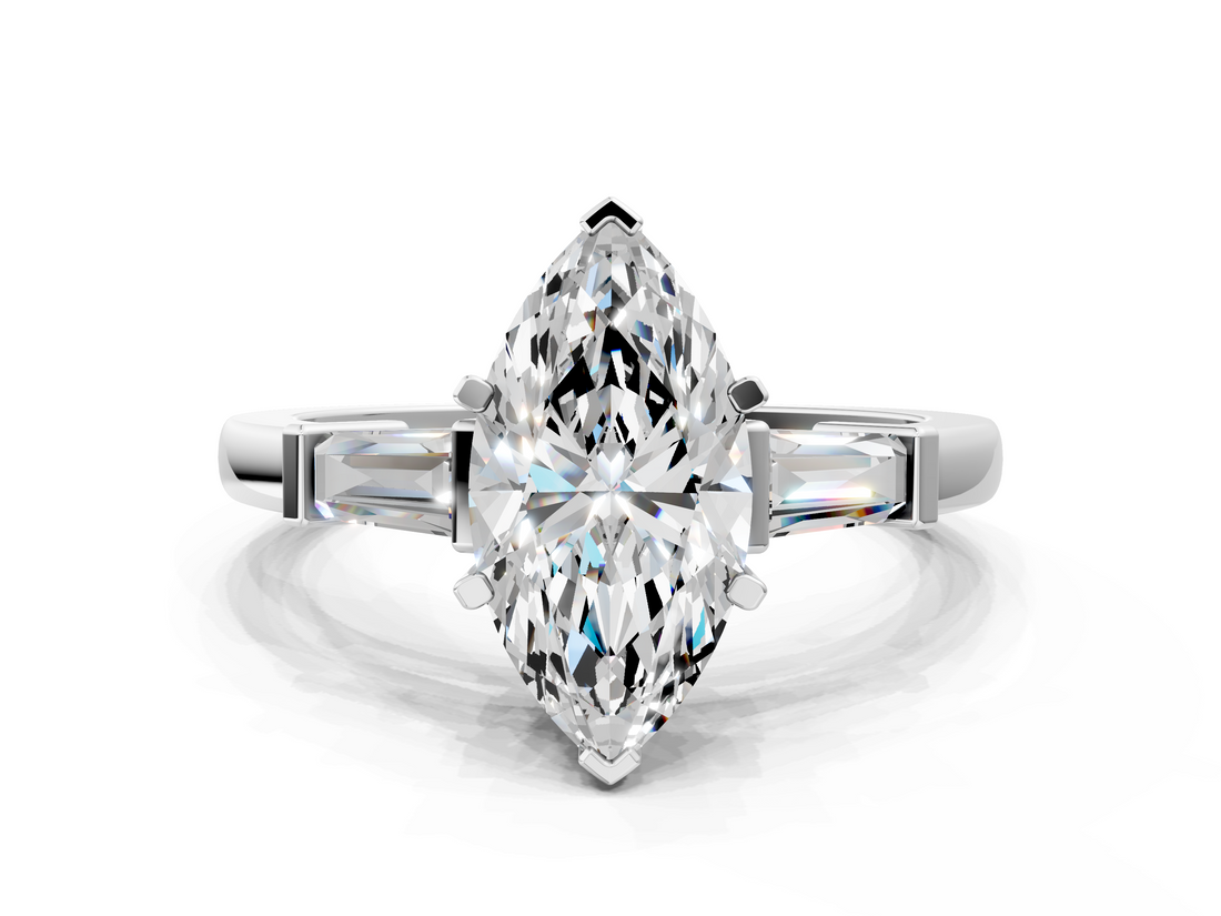 White gold Marquise Cut Diamond Solitaire Ring with Tapered Baguette Accents and Four-Prong Setting_118