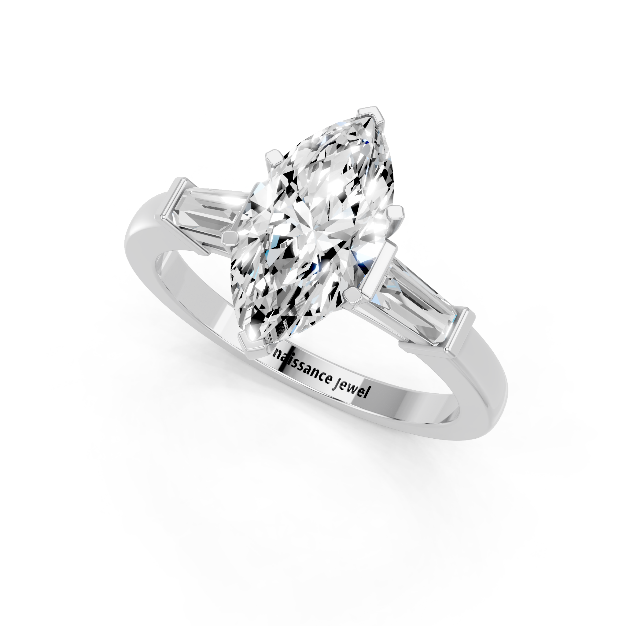 White gold Marquise Cut Diamond Solitaire Ring with Tapered Baguette Accents and Four-Prong Setting_22