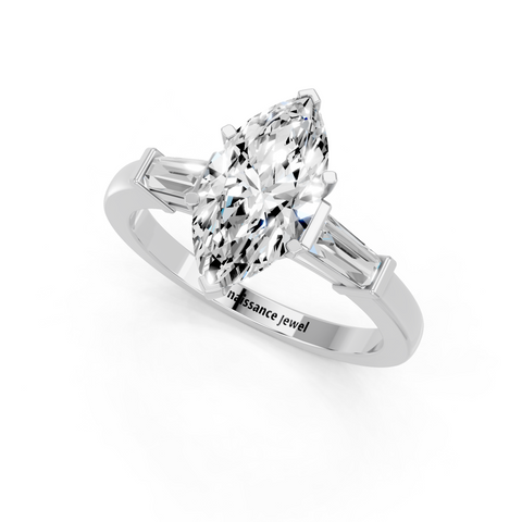 White gold Marquise Cut Diamond Solitaire Ring with Tapered Baguette Accents and Four-Prong Setting_22