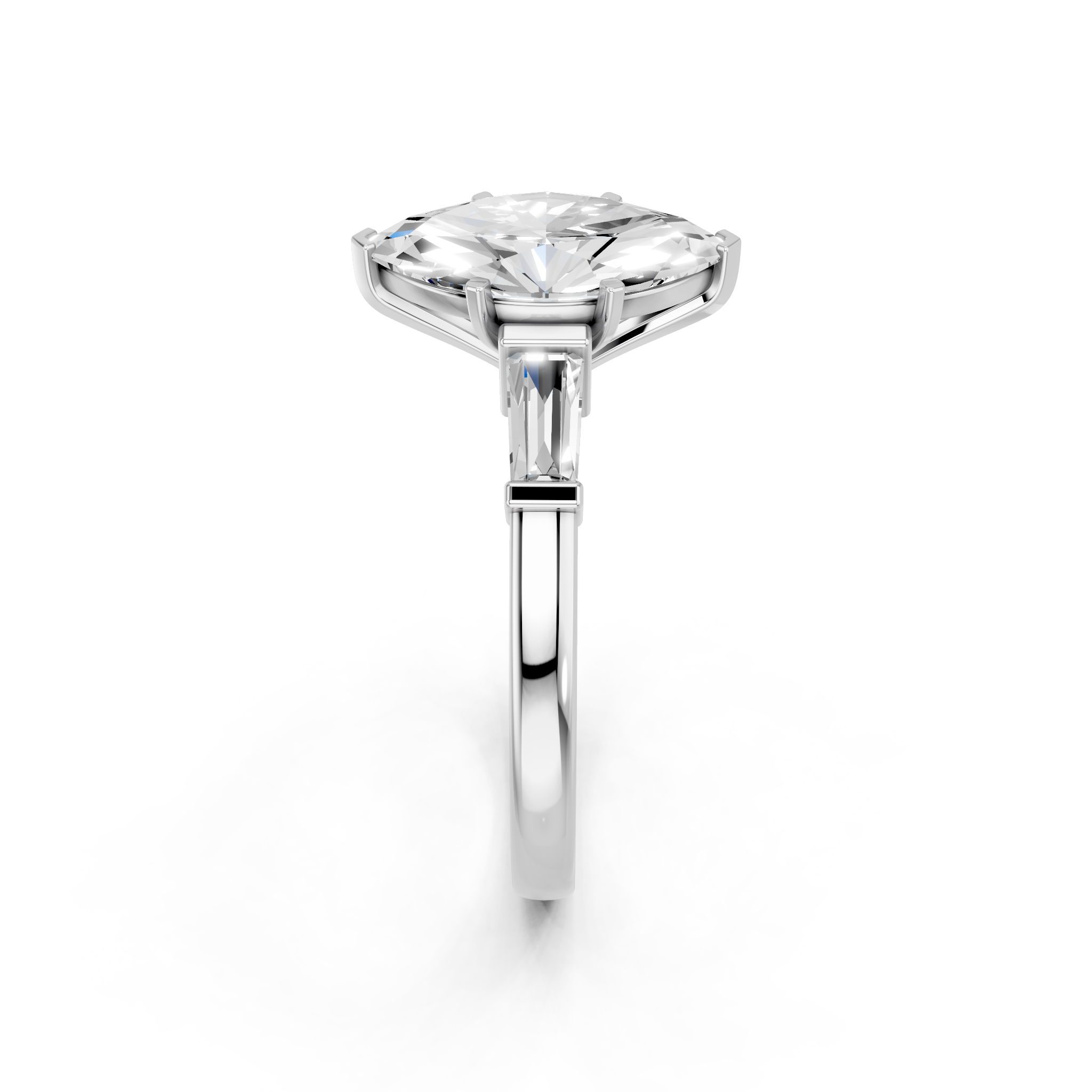 White gold Marquise Cut Diamond Solitaire Ring with Tapered Baguette Accents and Four-Prong Setting_23