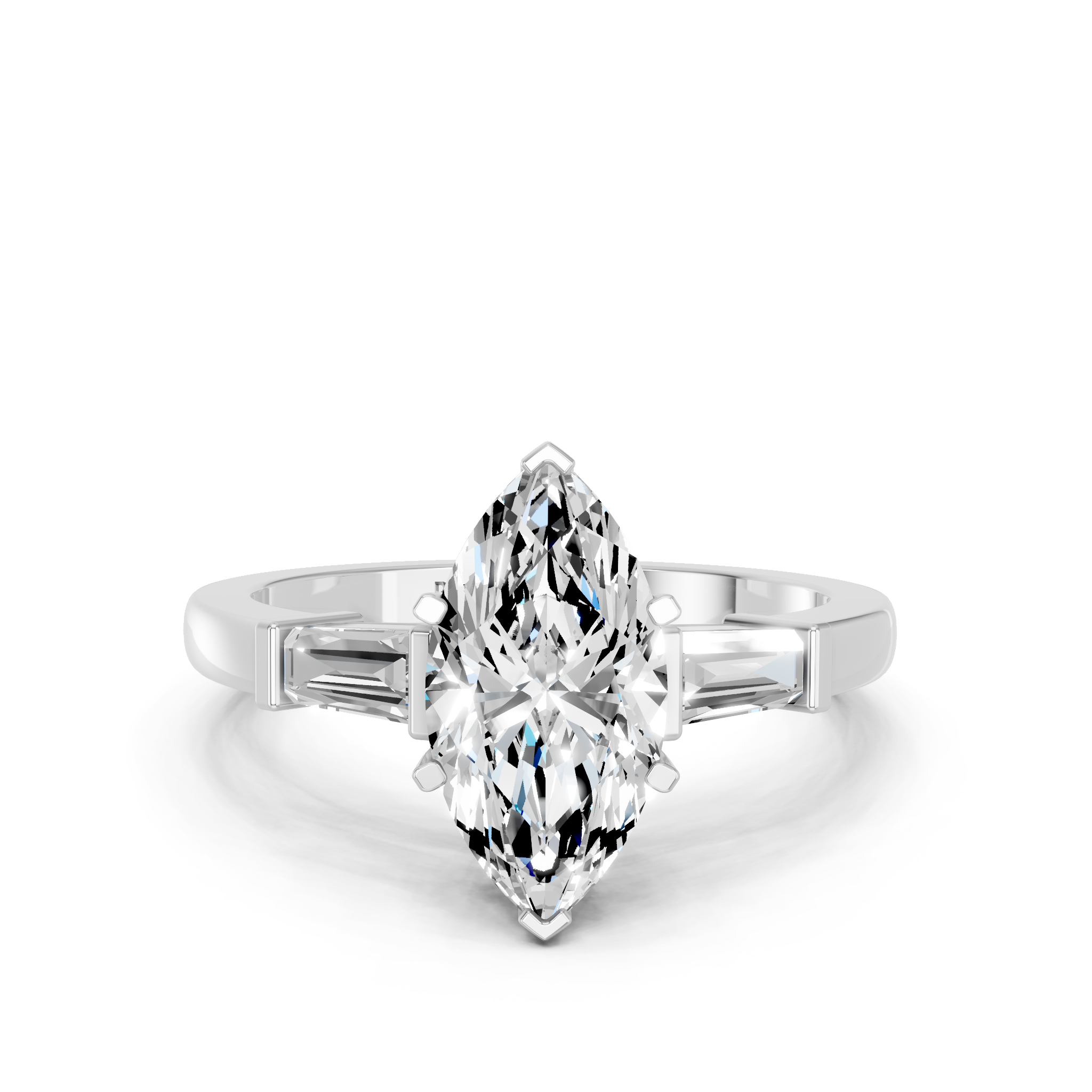 White gold Marquise Cut Diamond Solitaire Ring with Tapered Baguette Accents and Four-Prong Setting_30