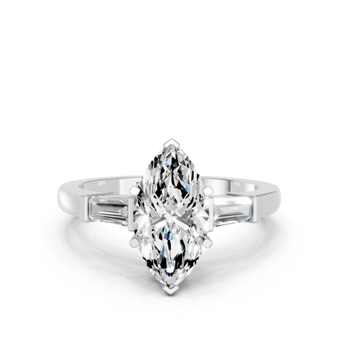 White gold Marquise Cut Diamond Solitaire Ring with Tapered Baguette Accents and Four-Prong Setting_30