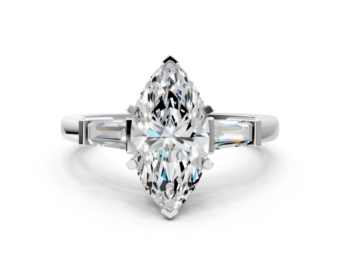 White gold Marquise Cut Diamond Solitaire Ring with Tapered Baguette Accents and Four-Prong Setting_78