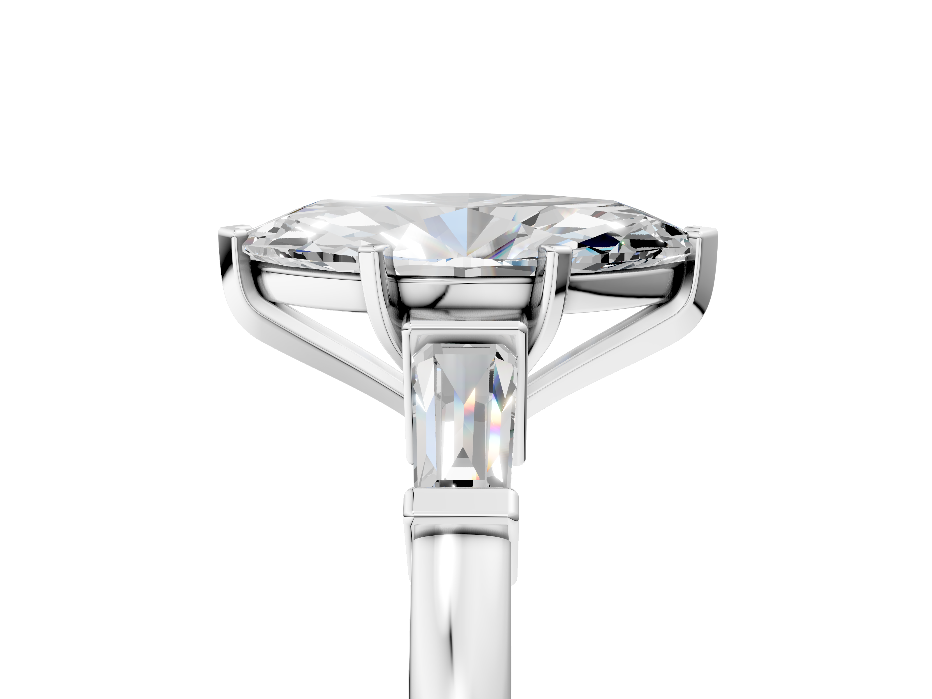 White gold Marquise Cut Diamond Solitaire Ring with Tapered Baguette Accents and Four-Prong Setting_83