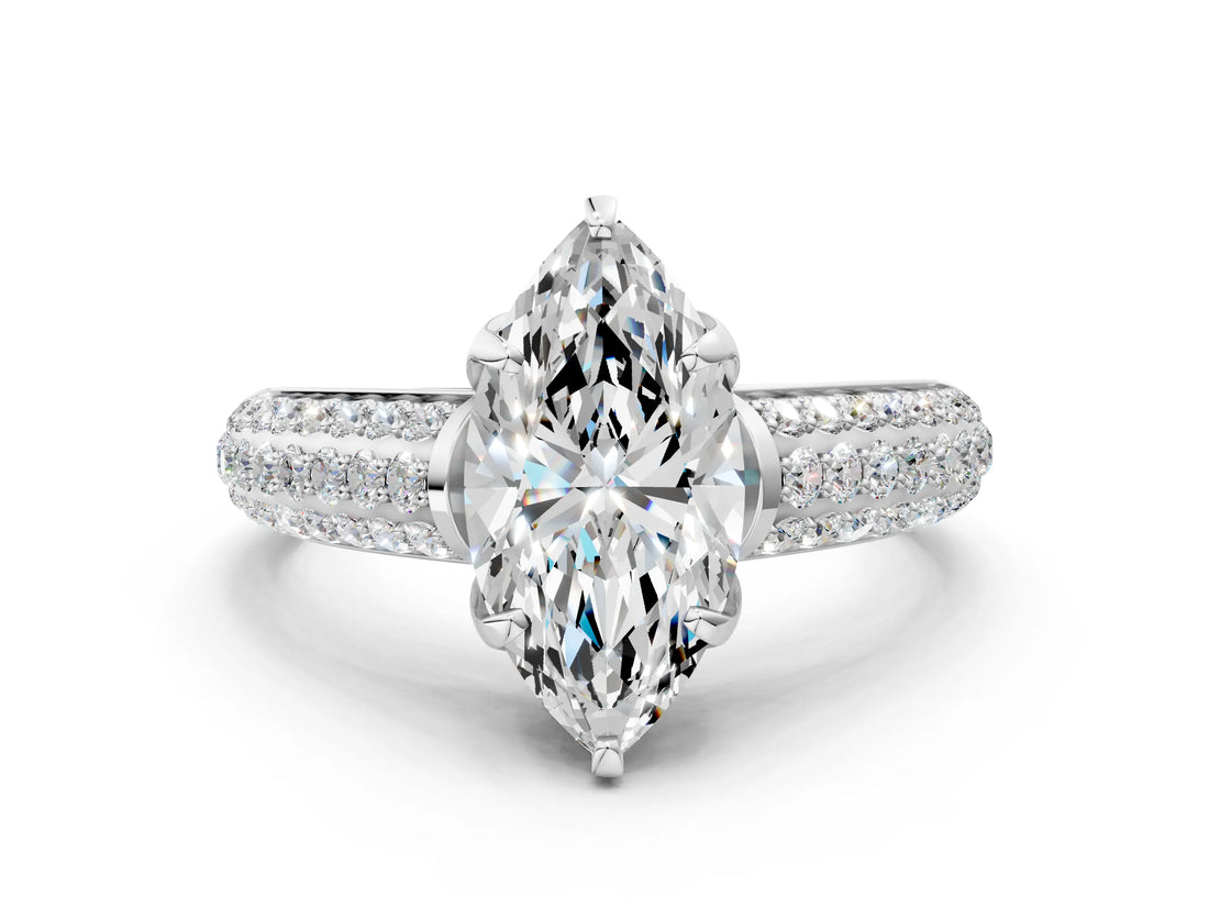 White gold Marquise Cut Diamond Solitaire Ring with Three-Row Pavé Band and Four-Prong Setting_45