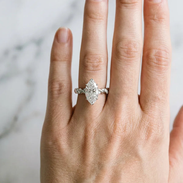 Sterling Silver Marquise Solitaire Engagement Ring Setting with Rope Twist Band and Dotted Accents