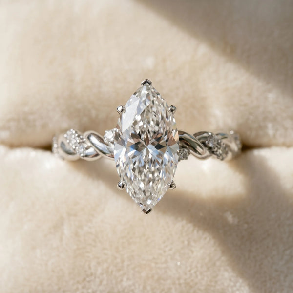 Sterling Silver Marquise Solitaire Engagement Ring Setting with Rope Twist Band and Dotted Accents