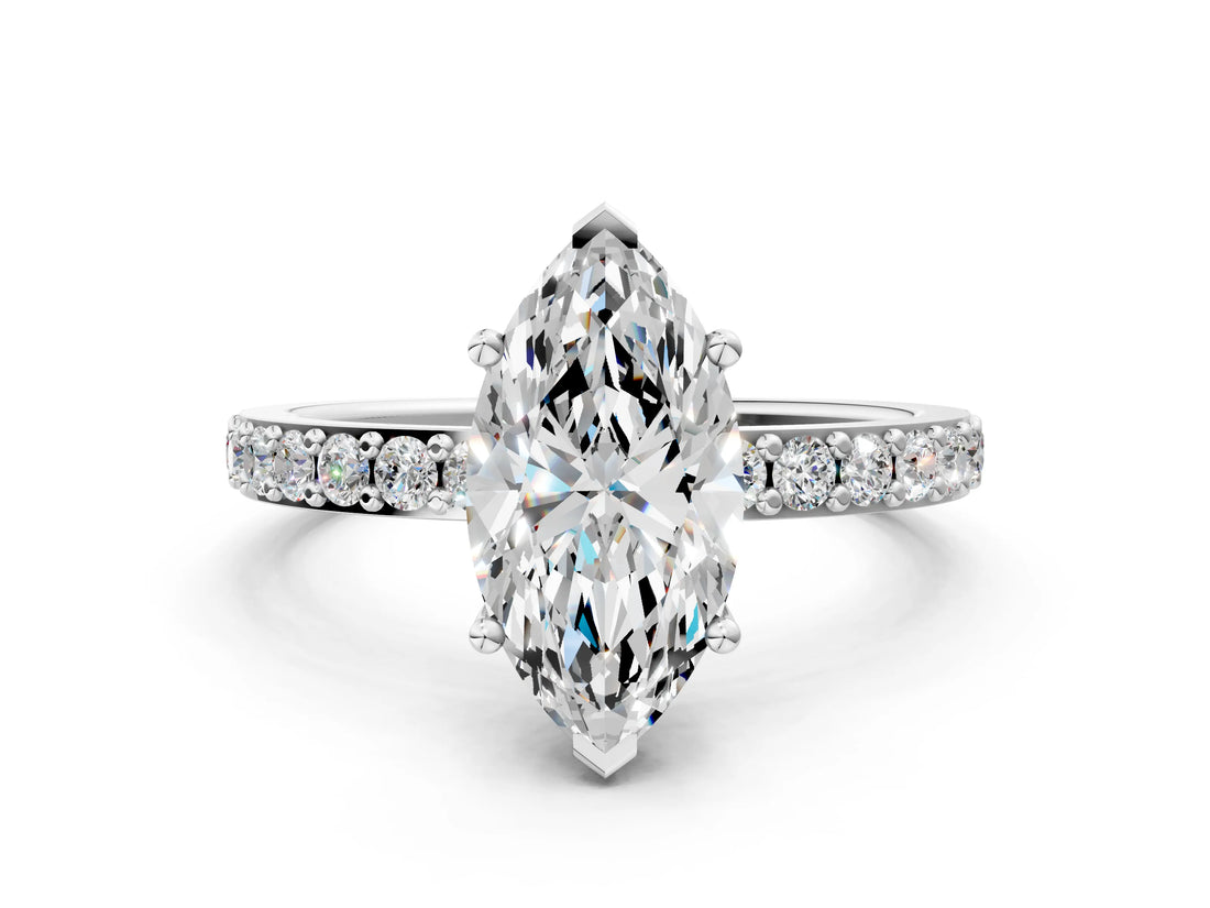 White gold Marquise Cut Diamond Solitaire with Pave Band and Four-Prong Setting