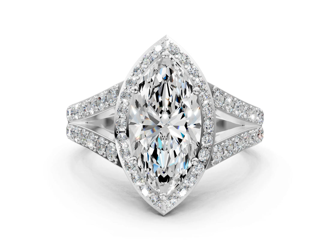 White gold Marquise Cut Diamond Split Shank Halo Ring with Four-Prong Setting_68