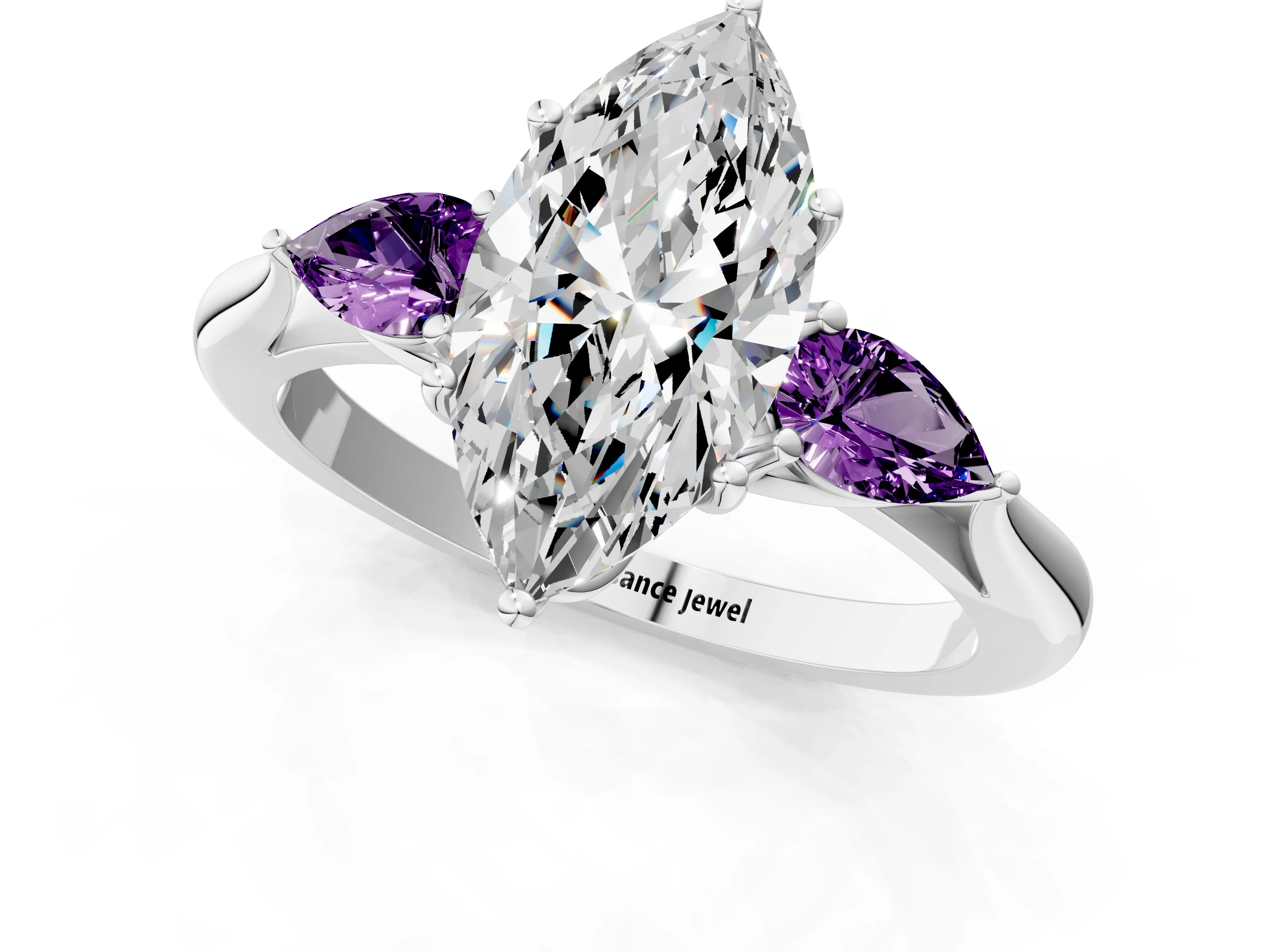 White gold Marquise Cut Diamond Three-Stone Ring with Pear with Amethyst side stone Side Stones and Prong Setting_13