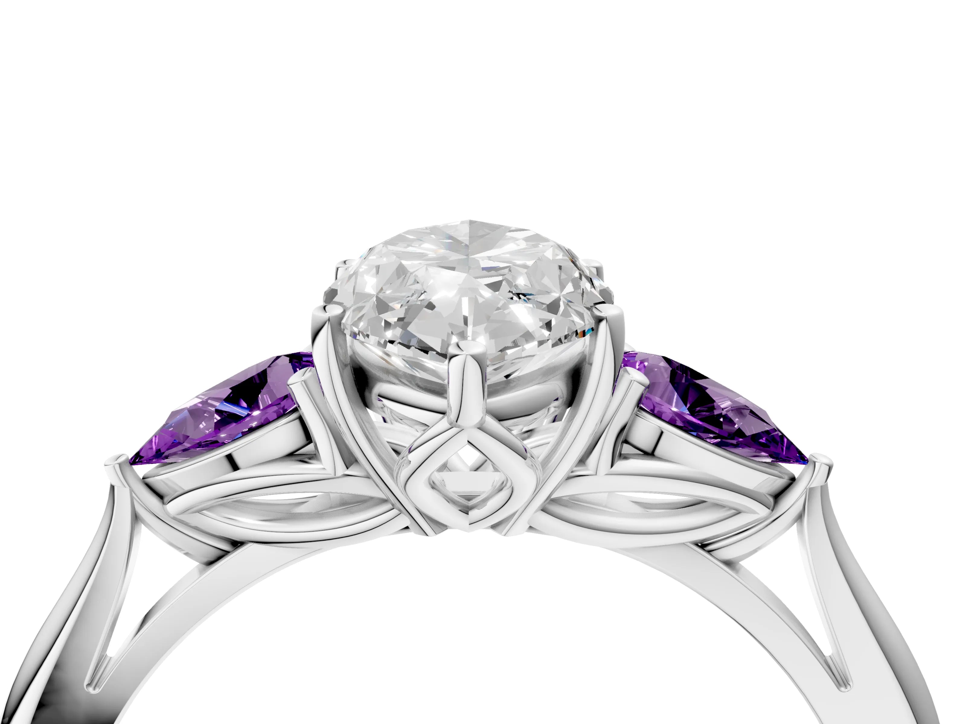 White gold Marquise Cut Diamond Three-Stone Ring with Pear with Amethyst side stone Side Stones and Prong Setting_16