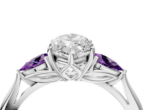 White gold Marquise Cut Diamond Three-Stone Ring with Pear with Amethyst side stone Side Stones and Prong Setting_16