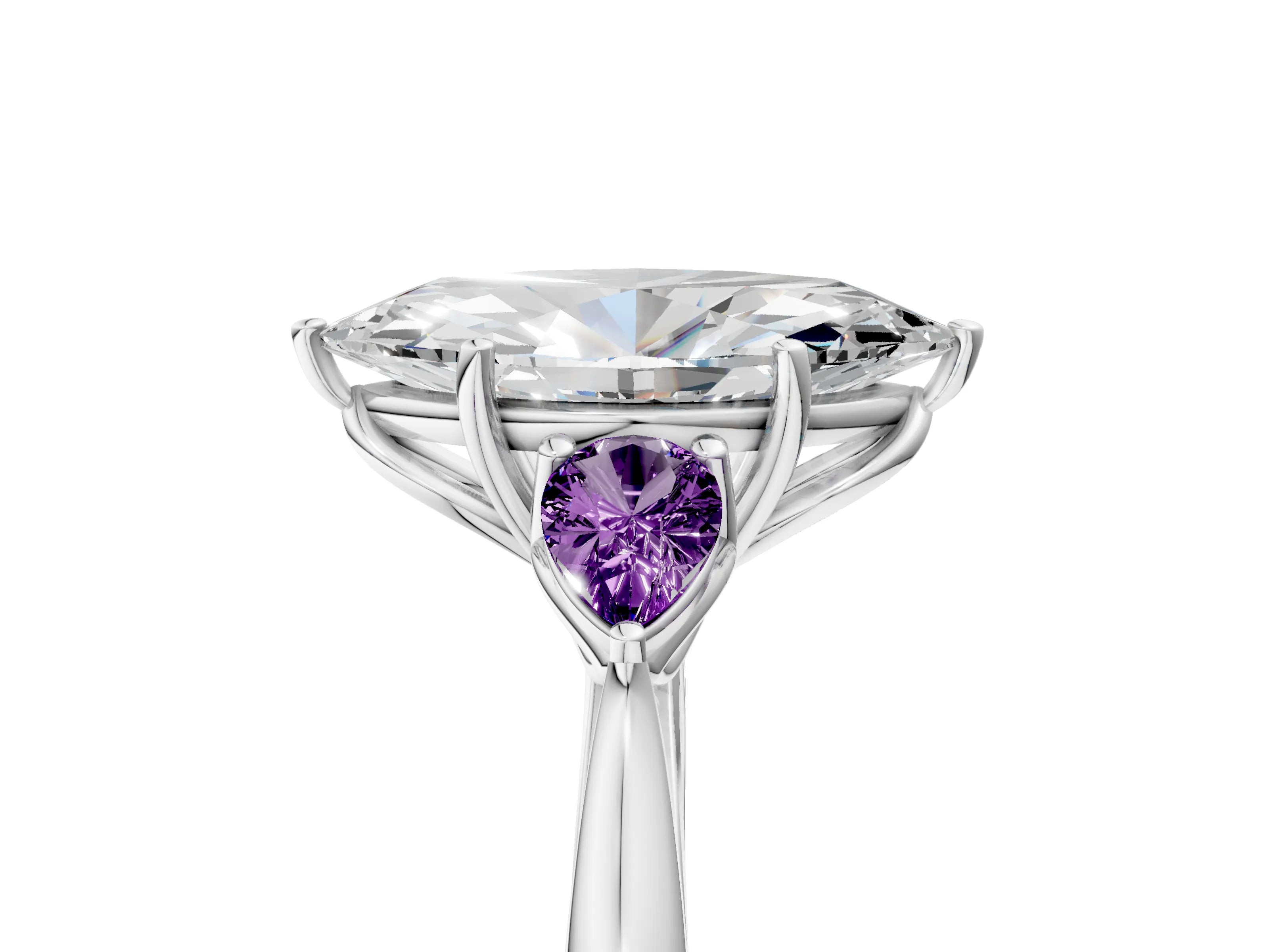 White gold Marquise Cut Diamond Three-Stone Ring with Pear with Amethyst side stone Side Stones and Prong Setting_17