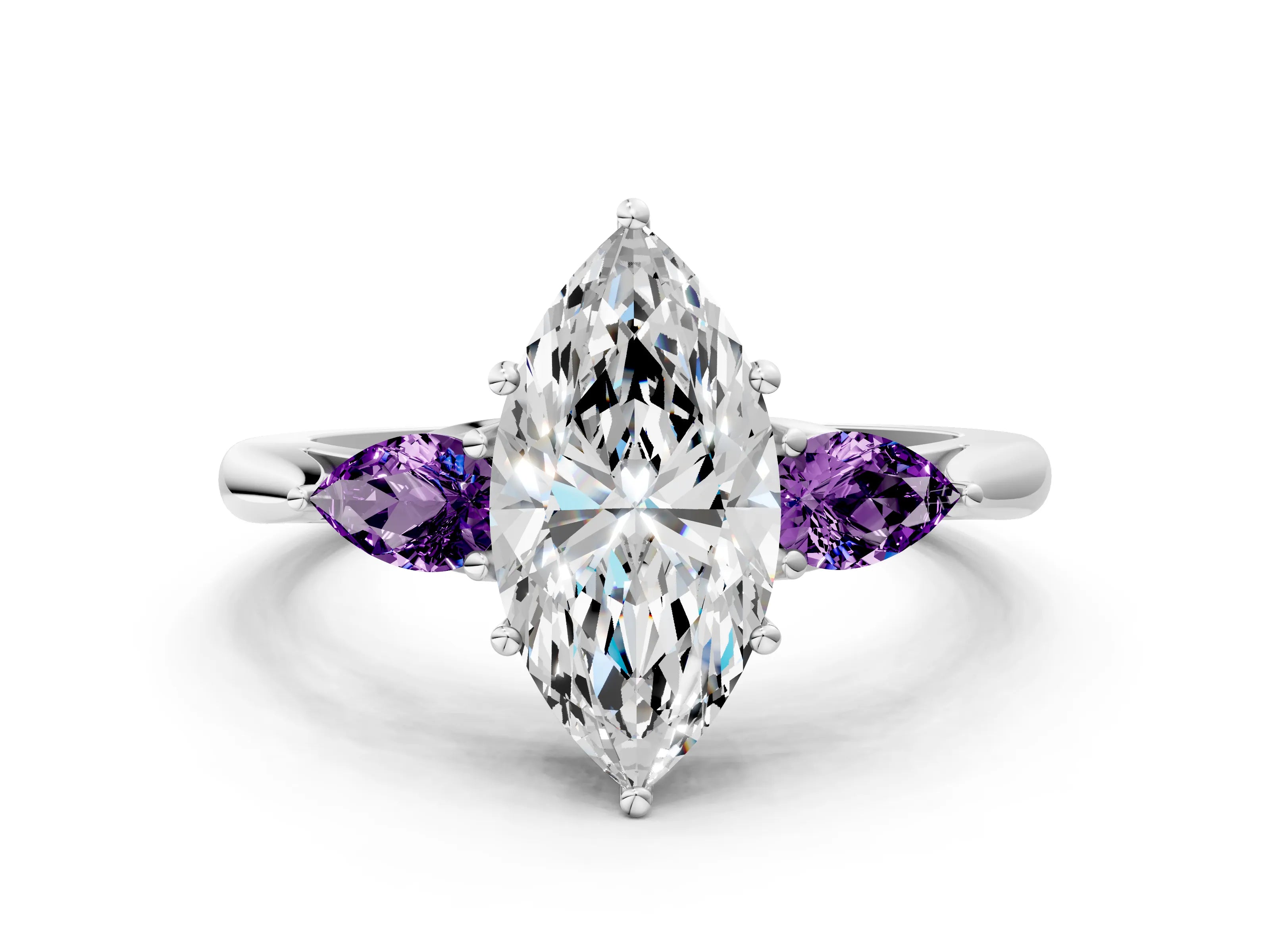 White gold Marquise Cut Diamond Three-Stone Ring with Pear with Amethyst side stone Side Stones and Prong Setting_24