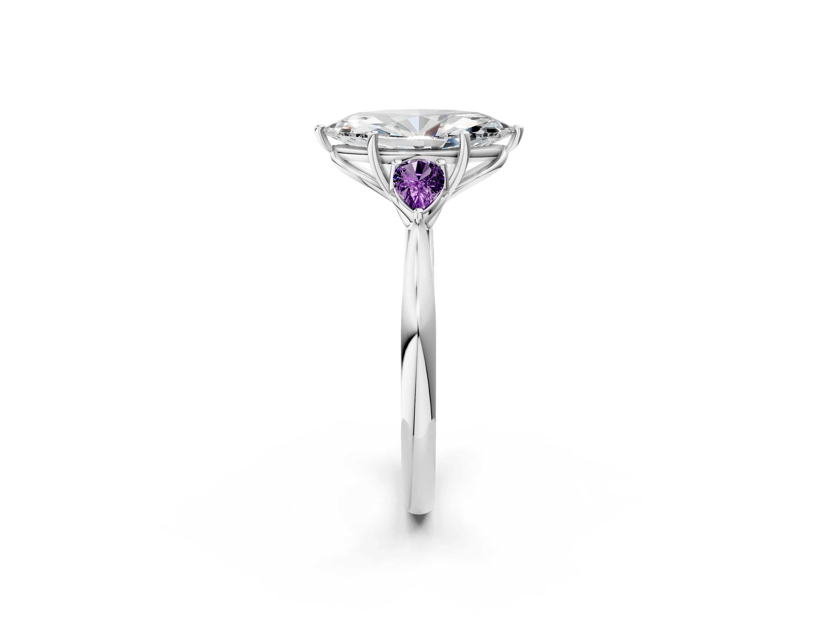 White gold Marquise Cut Diamond Three-Stone Ring with Pear with Amethyst side stone Side Stones and Prong Setting_26