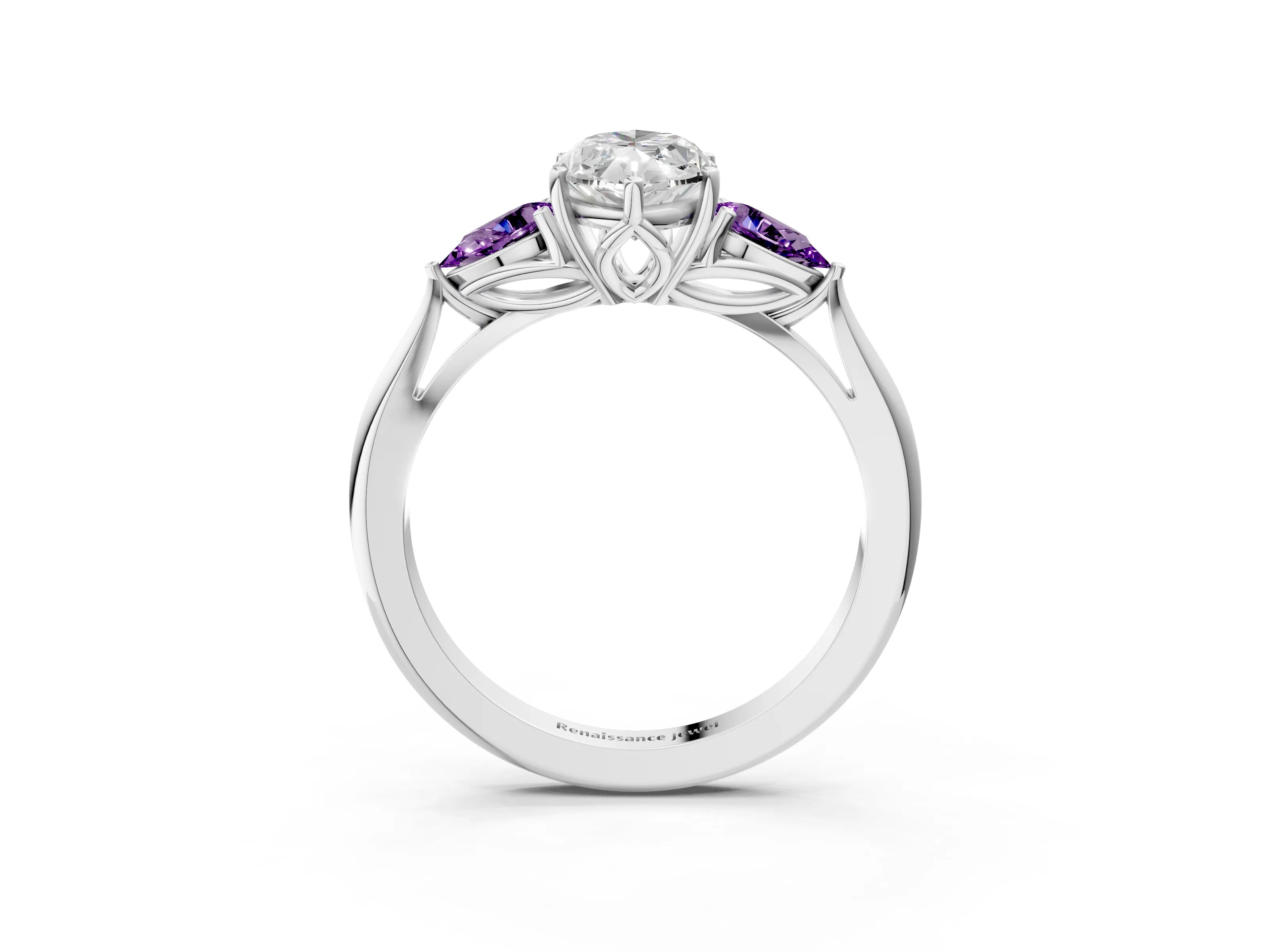 White gold Marquise Cut Diamond Three-Stone Ring with Pear with Amethyst side stone Side Stones and Prong Setting_27