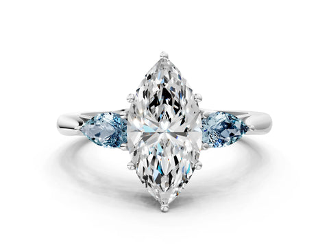 White gold Marquise Cut Diamond Three-Stone Ring with Pear with Aquamarine side stone Side Stones and Prong Setting_24