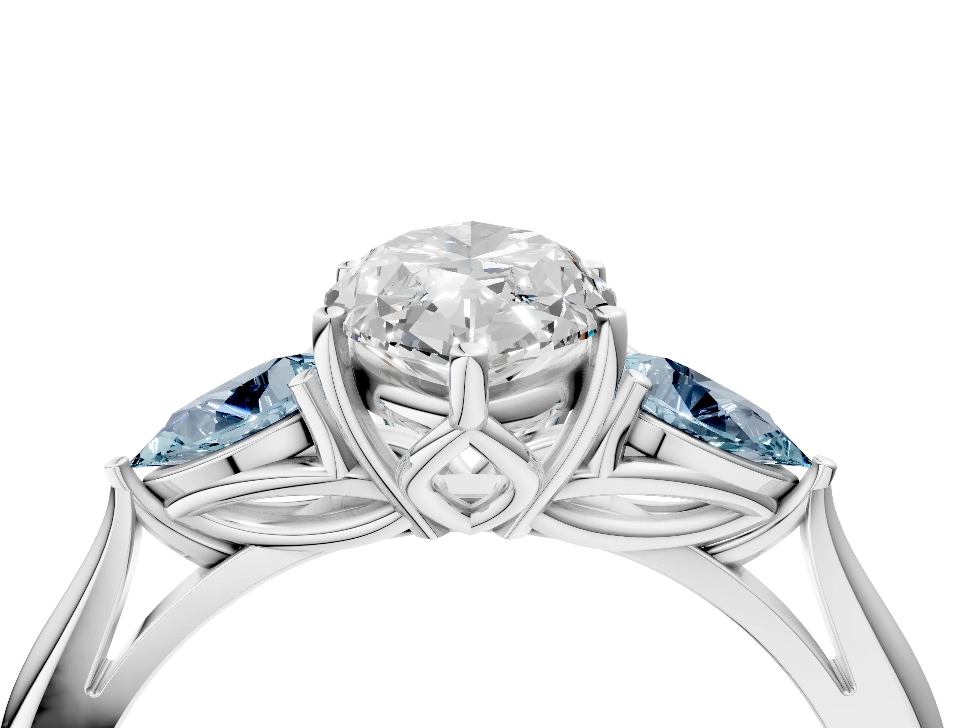 White gold Marquise Cut Diamond Three-Stone Ring with Pear with Aquamarine side stone Side Stones and Prong Setting_28