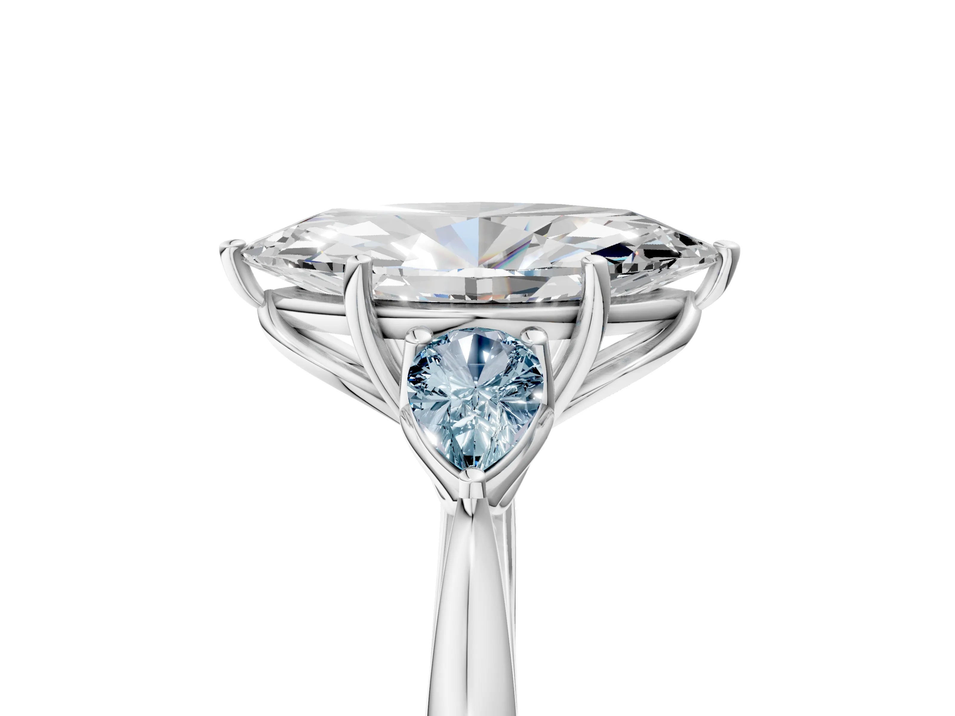 White gold Marquise Cut Diamond Three-Stone Ring with Pear with Aquamarine side stone Side Stones and Prong Setting_29