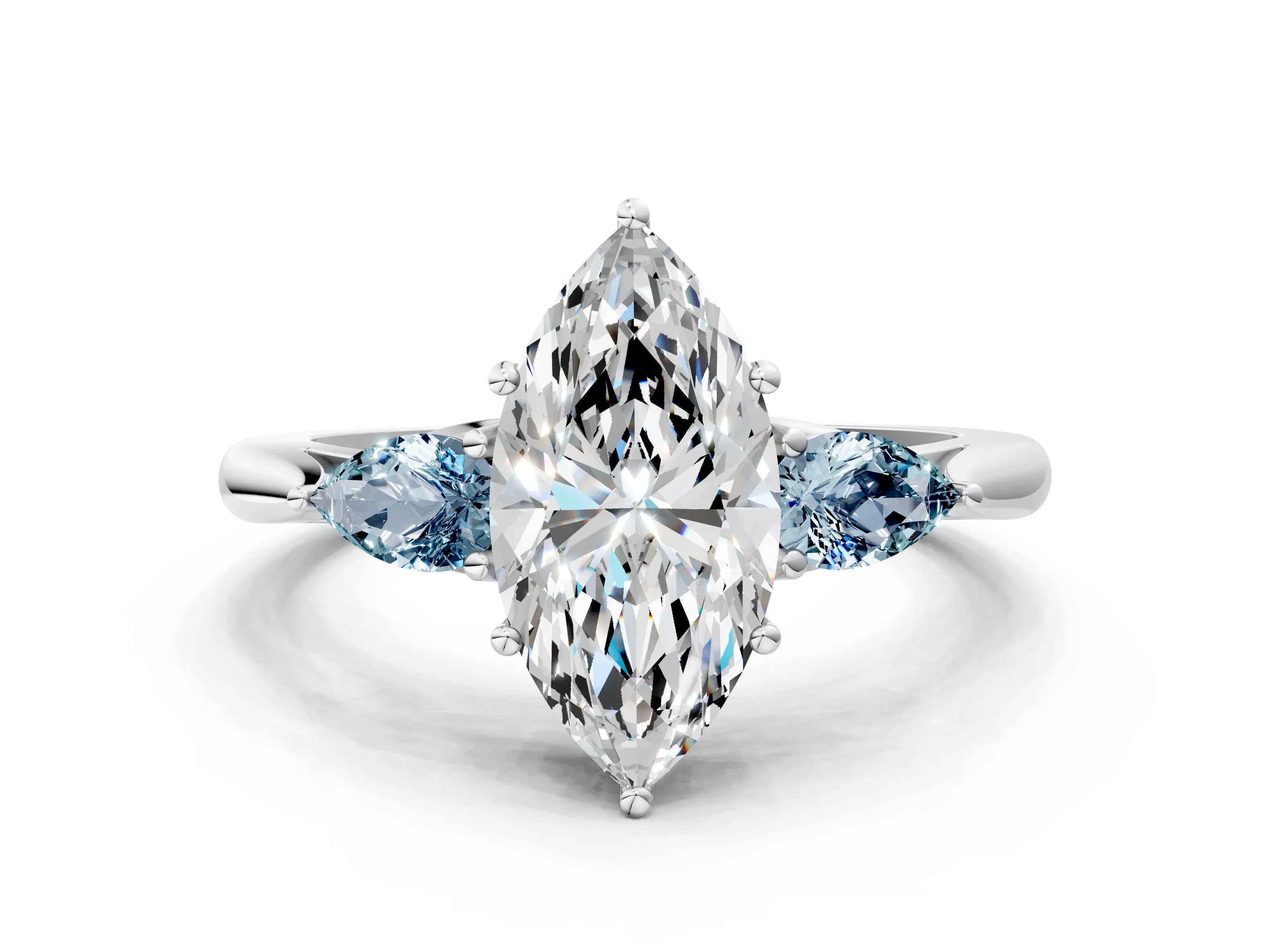 White gold Marquise Cut Diamond Three-Stone Ring with Pear with Aquamarine side stone Side Stones and Prong Setting_48