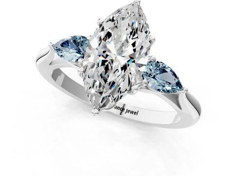 White gold Marquise Cut Diamond Three-Stone Ring with Pear with Aquamarine side stone Side Stones and Prong Setting_49