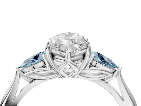 White gold Marquise Cut Diamond Three-Stone Ring with Pear with Aquamarine side stone Side Stones and Prong Setting_52
