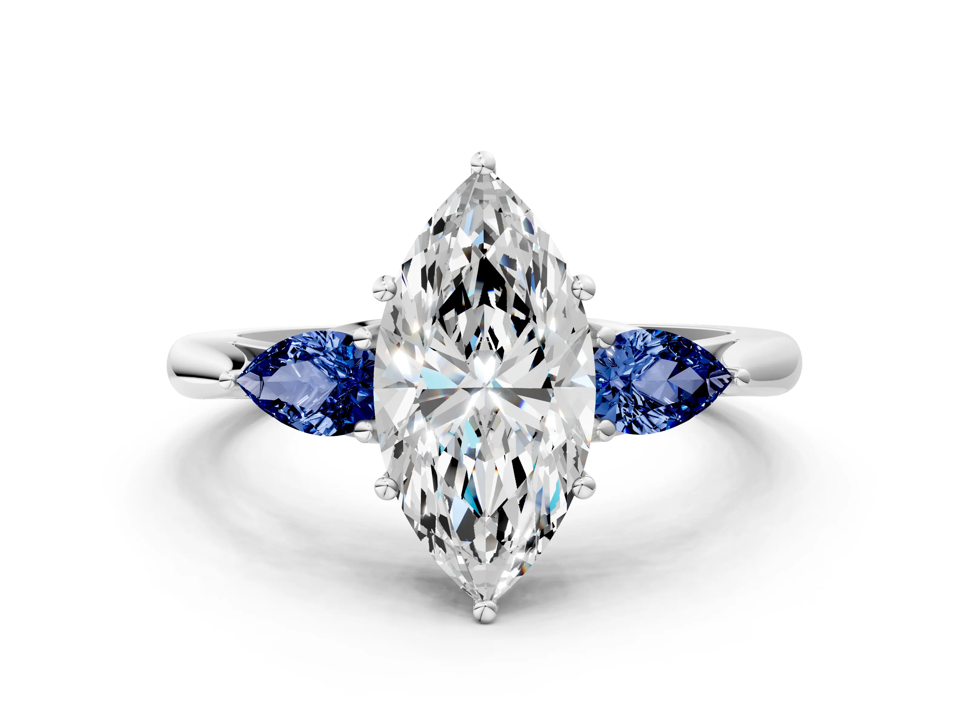 White gold Marquise Cut Diamond Three-Stone Ring with Pear with Blue Sapphire side stone Side Stones and Prong Setting_12