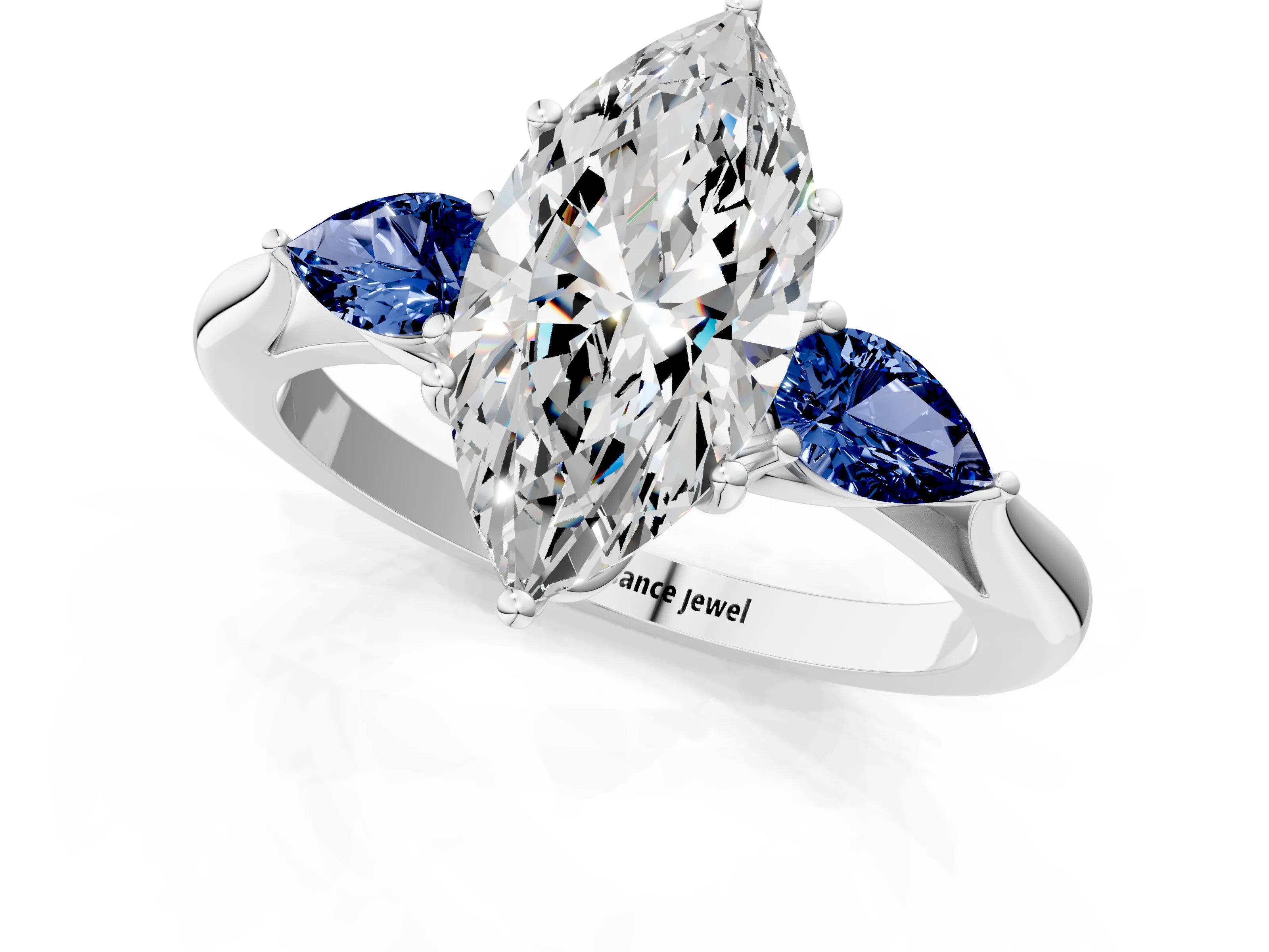 White gold Marquise Cut Diamond Three-Stone Ring with Pear with Blue Sapphire side stone Side Stones and Prong Setting_13