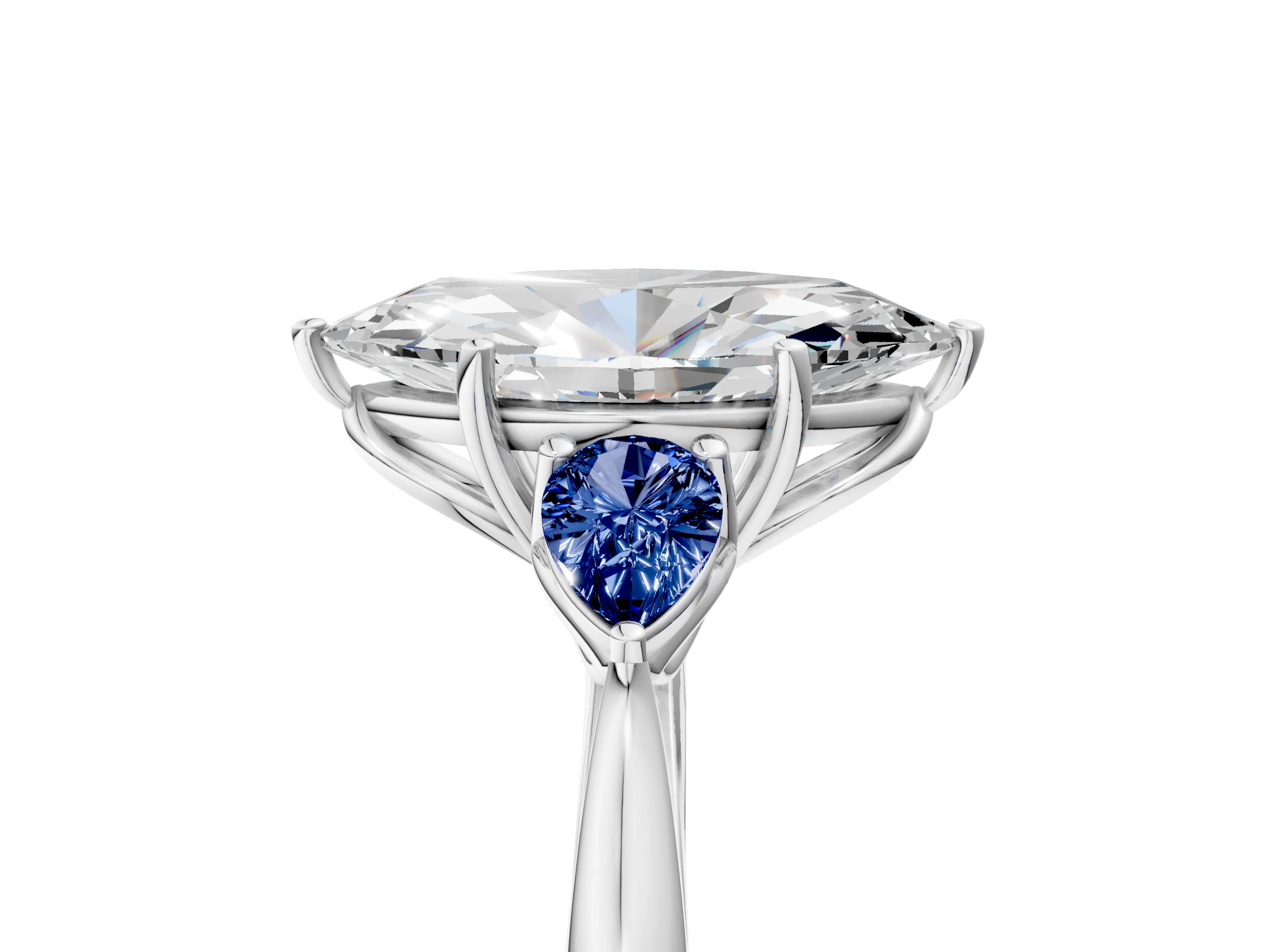 White gold Marquise Cut Diamond Three-Stone Ring with Pear with Blue Sapphire side stone Side Stones and Prong Setting_17