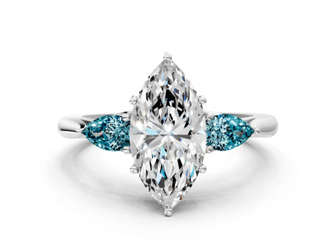 White gold Marquise Cut Diamond Three-Stone Ring with Pear with Blue Topaz side stone Side Stones and Prong Setting_12