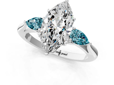White gold Marquise Cut Diamond Three-Stone Ring with Pear with Blue Topaz side stone Side Stones and Prong Setting_13
