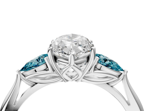 White gold Marquise Cut Diamond Three-Stone Ring with Pear with Blue Topaz side stone Side Stones and Prong Setting_16