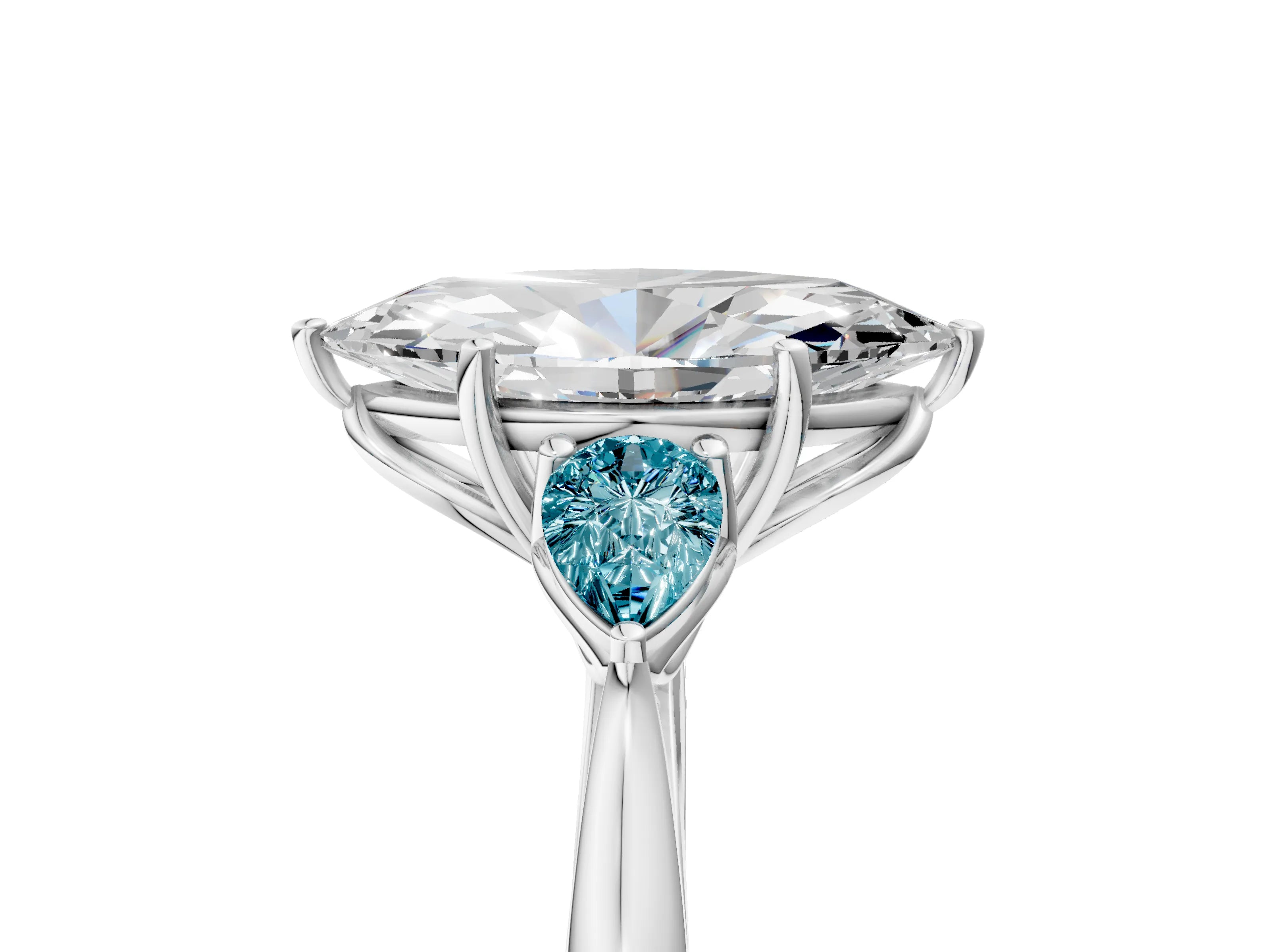 White gold Marquise Cut Diamond Three-Stone Ring with Pear with Blue Topaz side stone Side Stones and Prong Setting_17