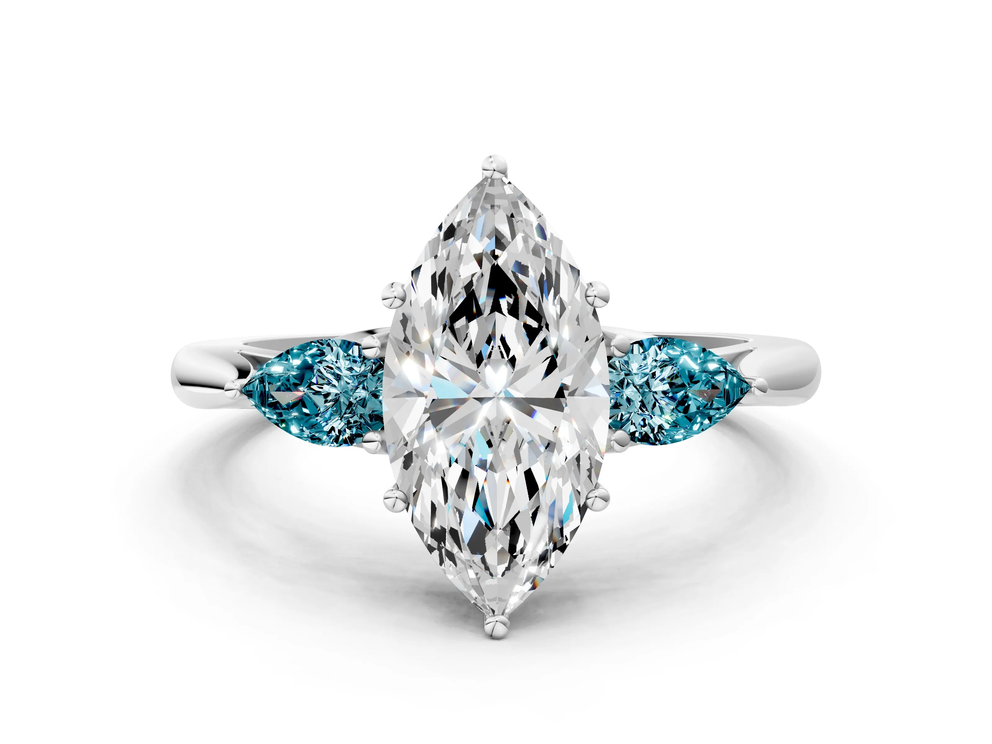 White gold Marquise Cut Diamond Three-Stone Ring with Pear with Blue Topaz side stone Side Stones and Prong Setting_24
